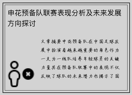 申花预备队联赛表现分析及未来发展方向探讨