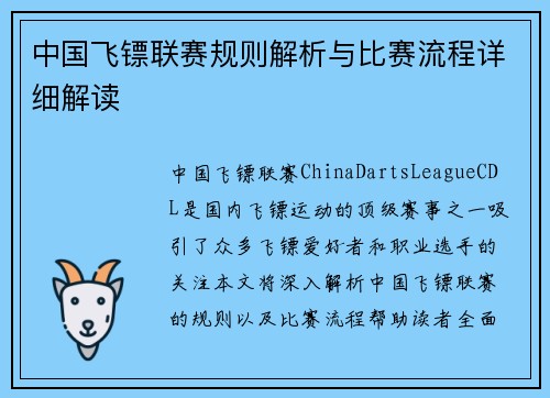 中国飞镖联赛规则解析与比赛流程详细解读