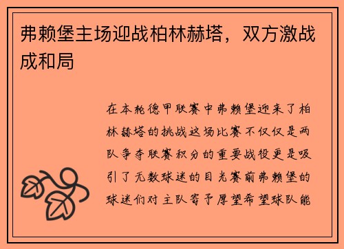 弗赖堡主场迎战柏林赫塔，双方激战成和局